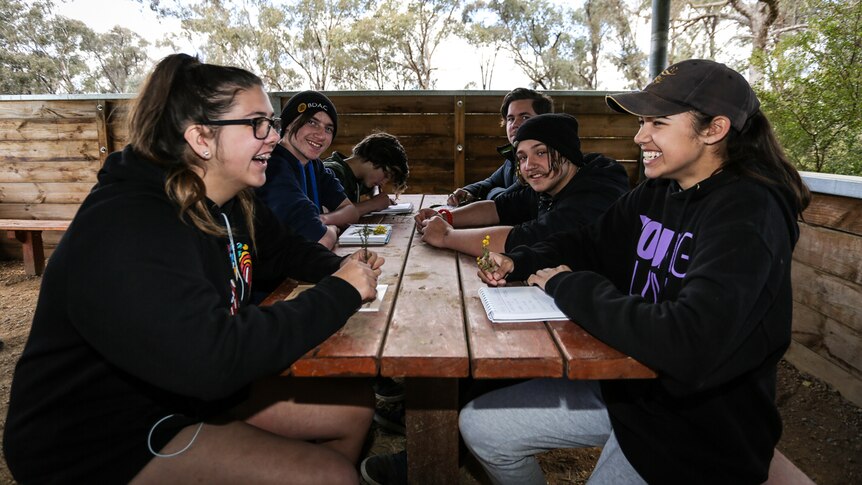 A group of year 10 students sitting around a picnic table in the Greater Bendigo National Park.