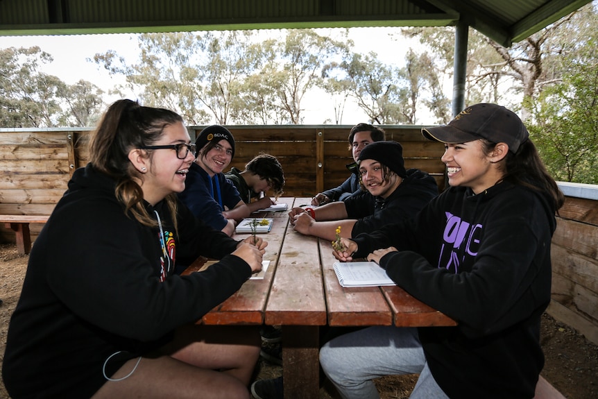 A group of year 10 students sitting around a picnic table in the Greater Bendigo National Park.