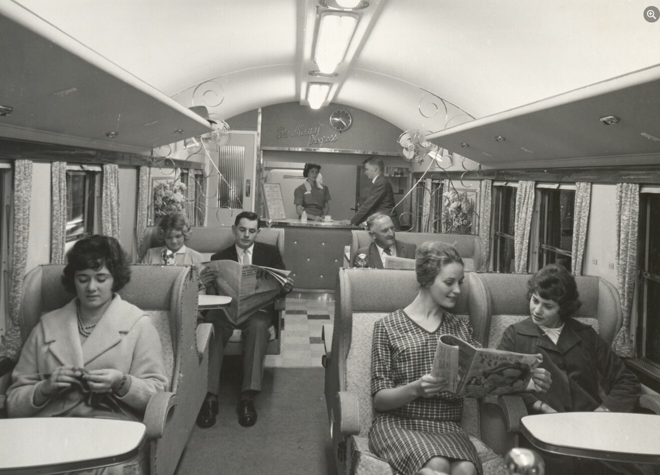 The buffet car of the Albany train, 1970.