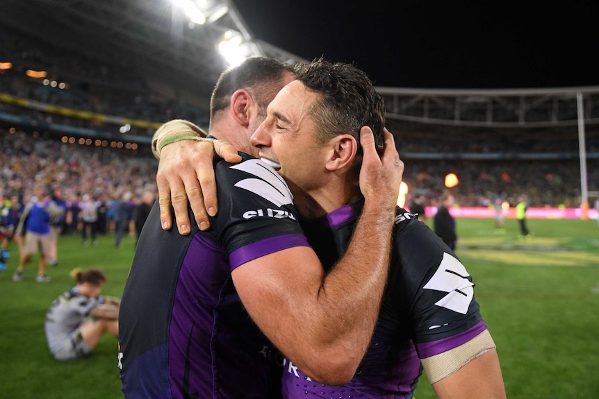 Billy Slater and Cameron Smith hug it out