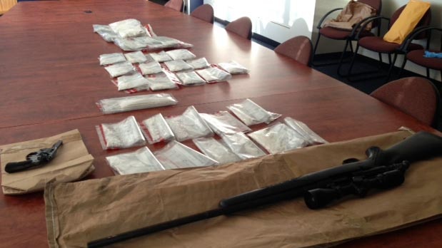 Tasmanian police display drugs and firearms seized after raids in the state's north.