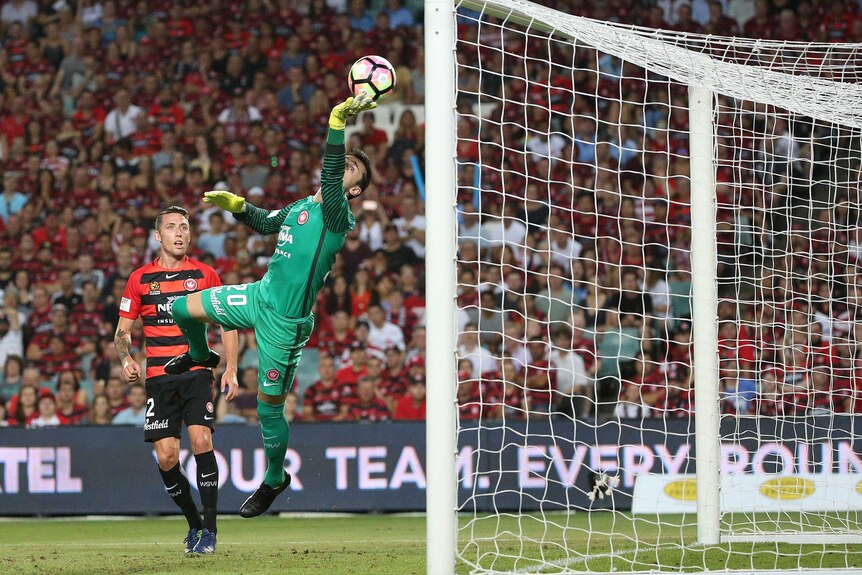 Vedran Janjetovic makes a save against Sydney FC