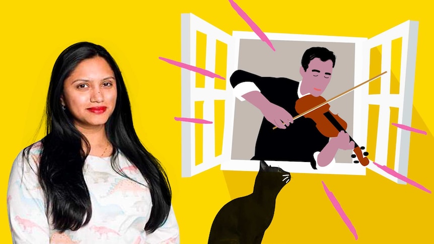 A photo of molecular biologist Upulie Divisekera imposed over a yellow background with a cartoon of a violinist playing to a cat