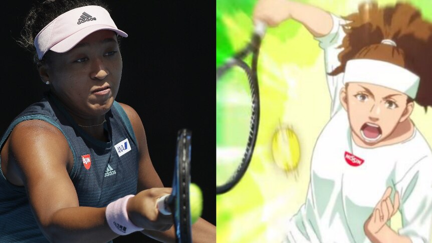 Naomi Osaka playing tennis next to a cartoon image of her