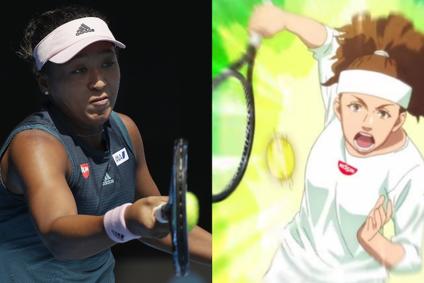 Naomi Osaka playing tennis next to a cartoon image of her