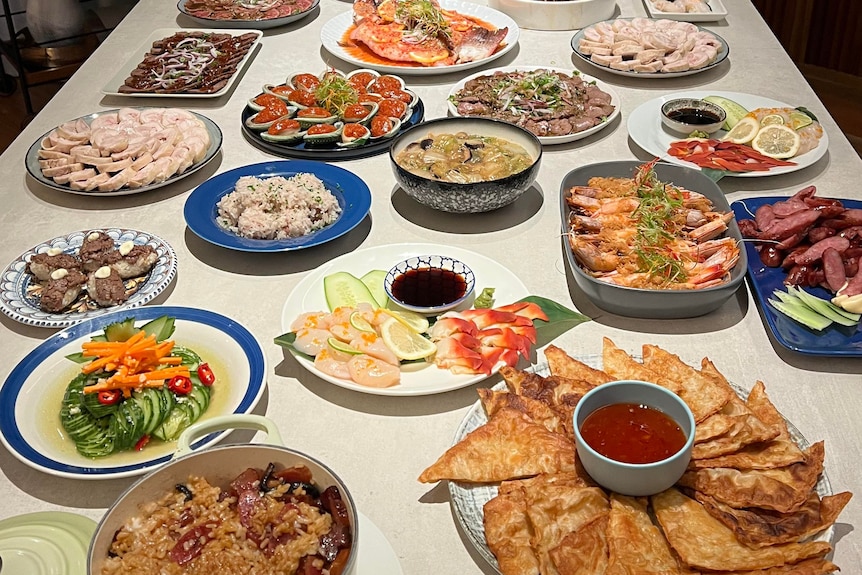 A table with different types of customary food