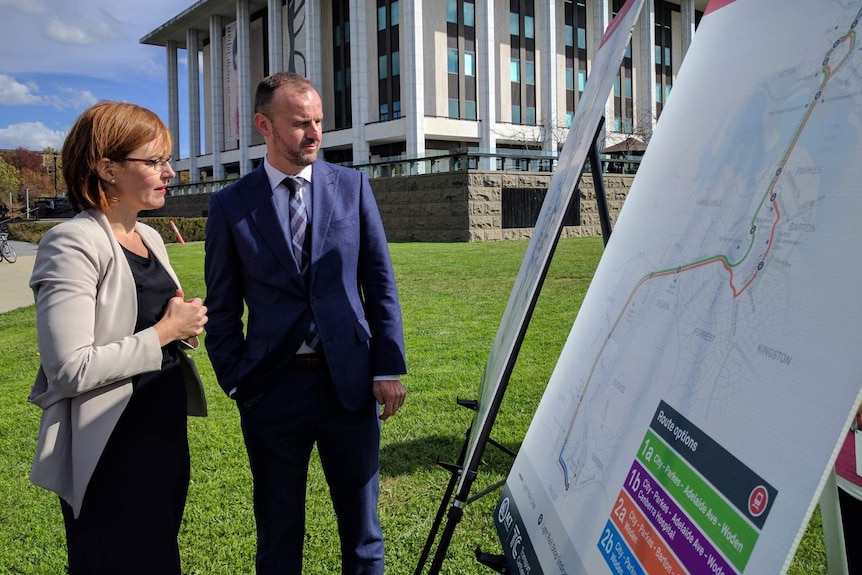 Andrew Barr and Meegan Fitzharris look at the proposed routes of Canberra's light rail stage two