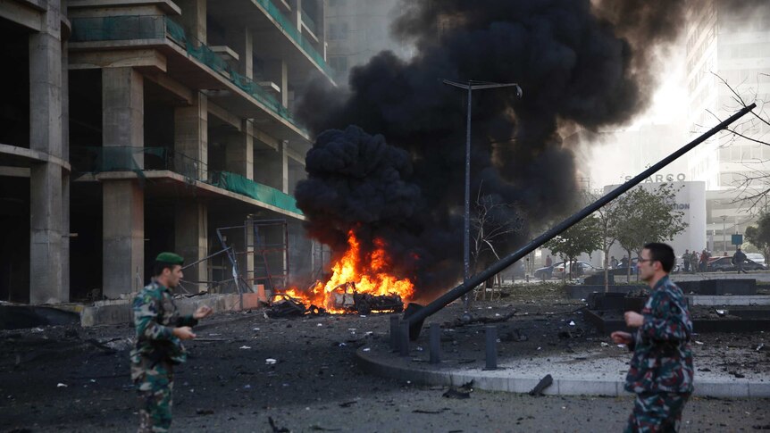 Lebanese army personnel at site of Beirut car bombing