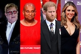 composite image of Elton John, Doreen Lawrence, Prince Harry and Liz Hurley