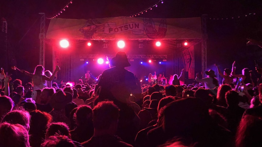 A crowd of revellers dance in front of a stage