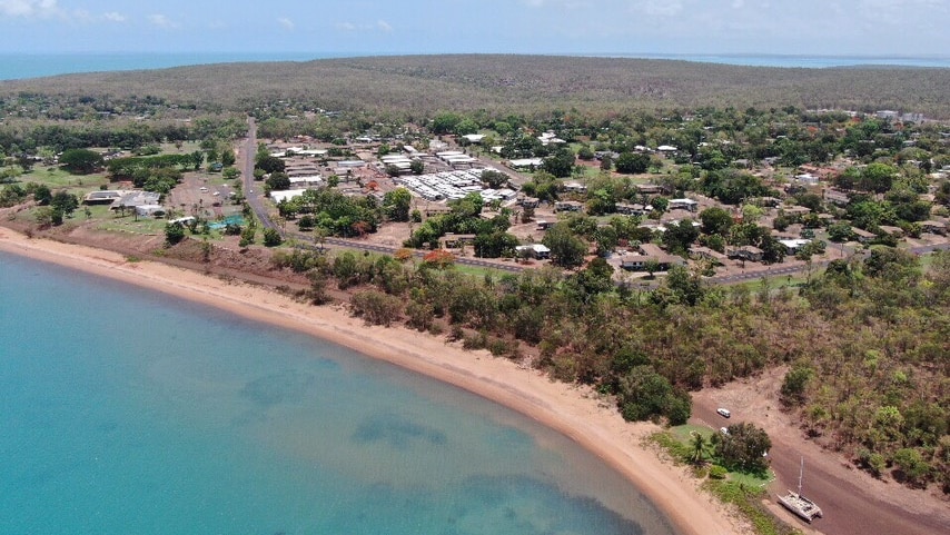 An aerial photograph of the island