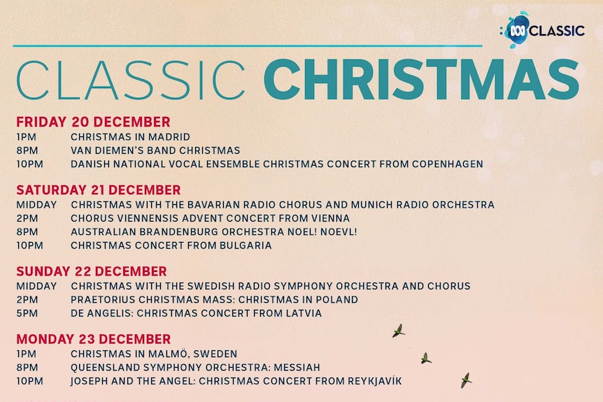 The ABC Classic Christmas programming schedule for 2019.