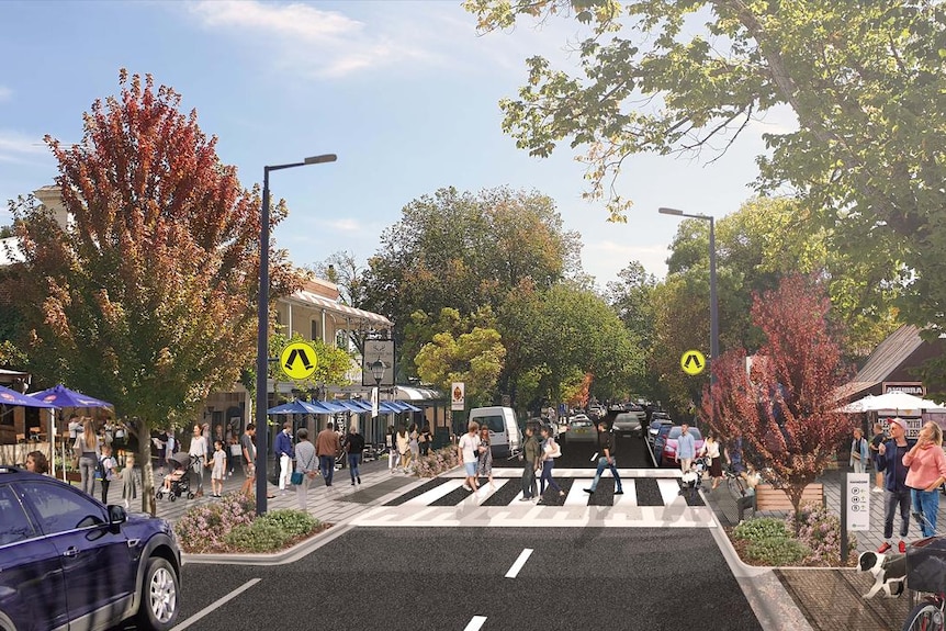 A design of a zebra crossing with trees and cars