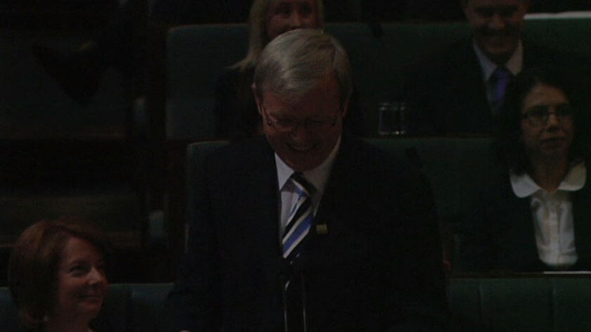 TV still of Kevin Rudd in the dark in Question Time when the lights went out
