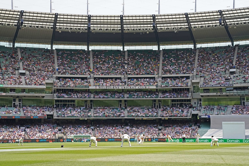 a wide angle view of the Melbourne Cricket Ground from ground level