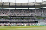 a wide angle view of the Melbourne Cricket Ground from ground level