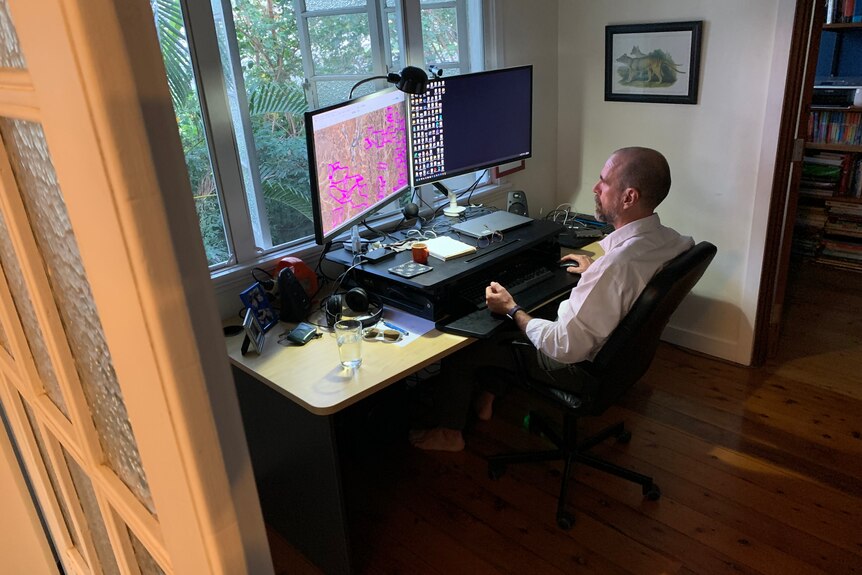 A man sits at a computer.