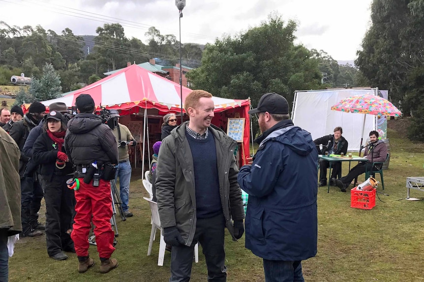 Luke McGregor on Rosehaven set