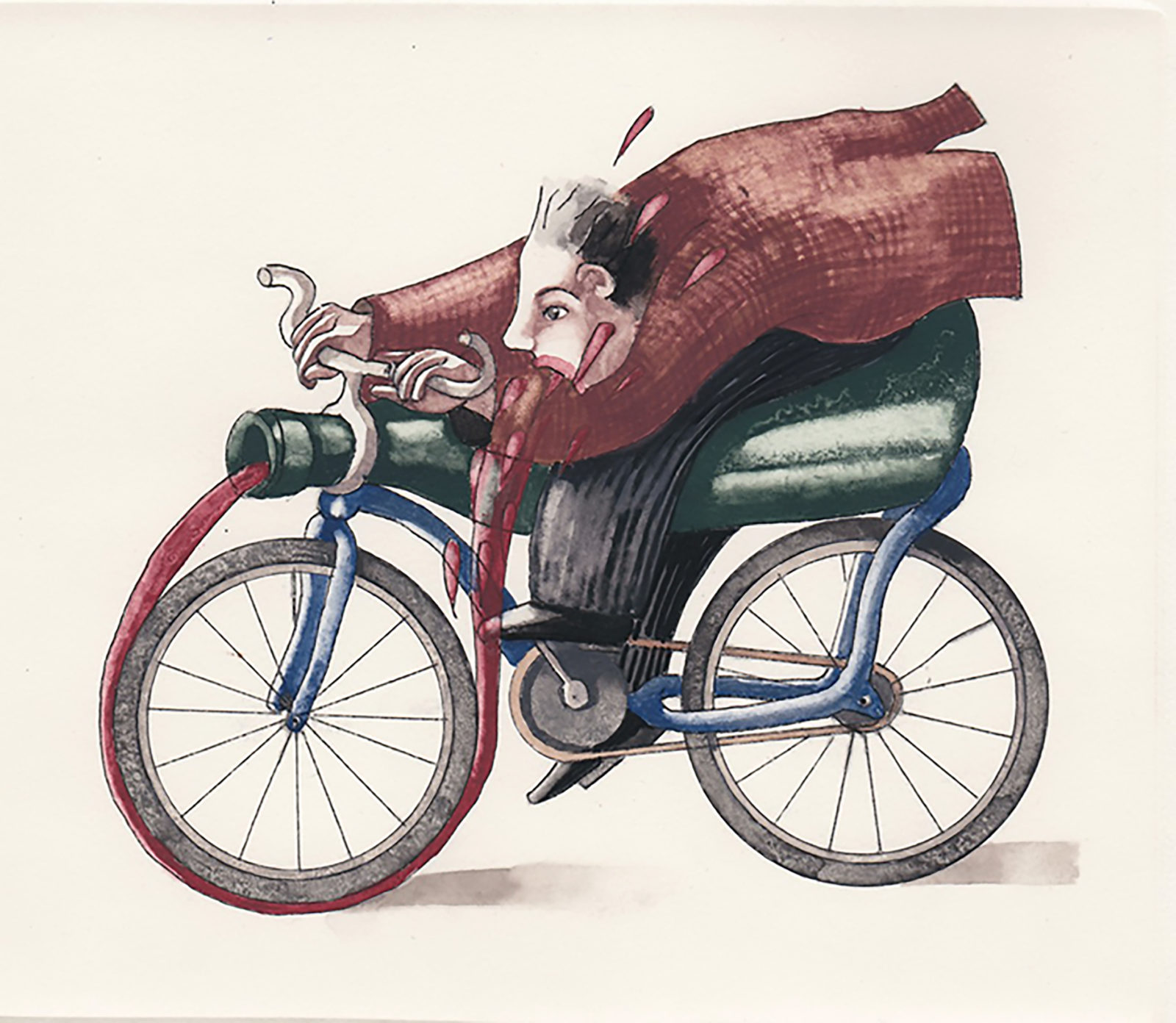 A man rides a bike, which is a bottle of wine on two wheels. Wine is coming out of the bottle and into the man's mouth. 