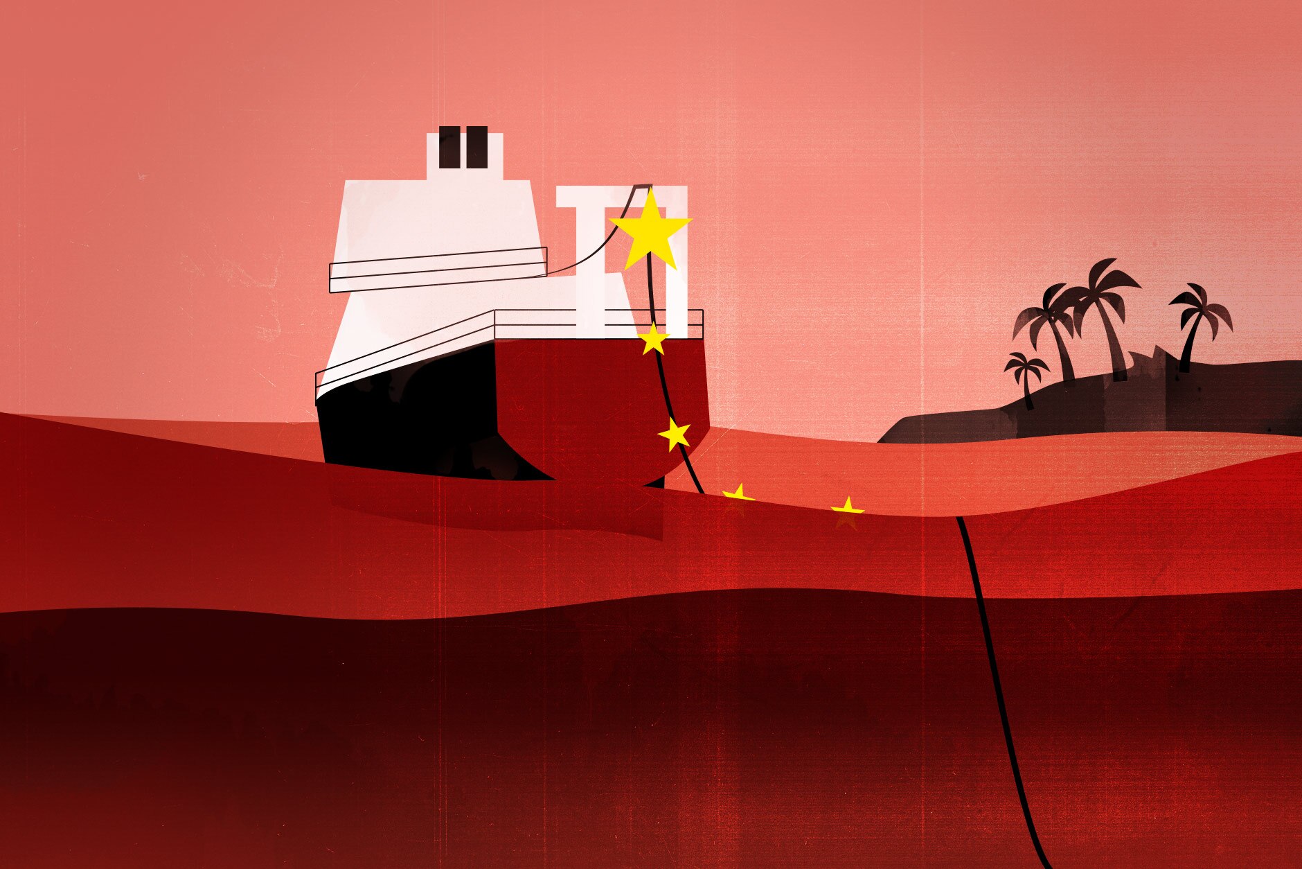 An illustration shows a cable-laying ship in a red sea, with yellow stars along a cable. 