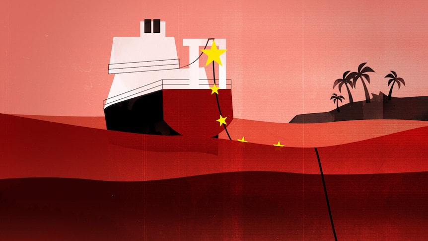 An illustration shows a cable-laying ship in a red sea, with yellow stars along a cable. 