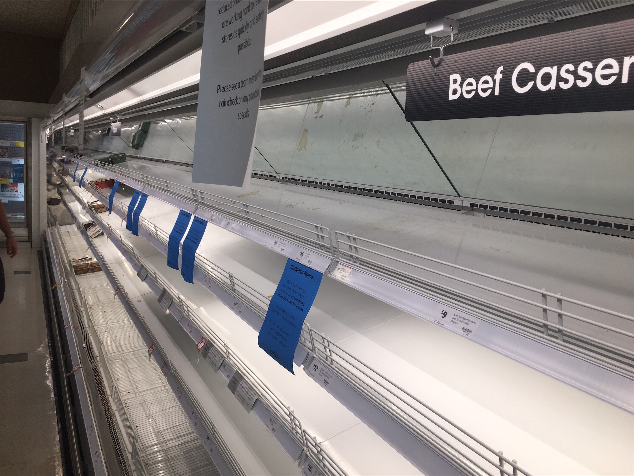 达尔文 Coles 超市的肉货架空空如也。
