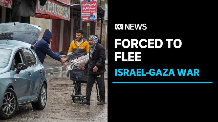 Forced to flee, Israel-Gaza War: Three men walk to a car on a rainy street. One pushes a shopping cart full of belongings.