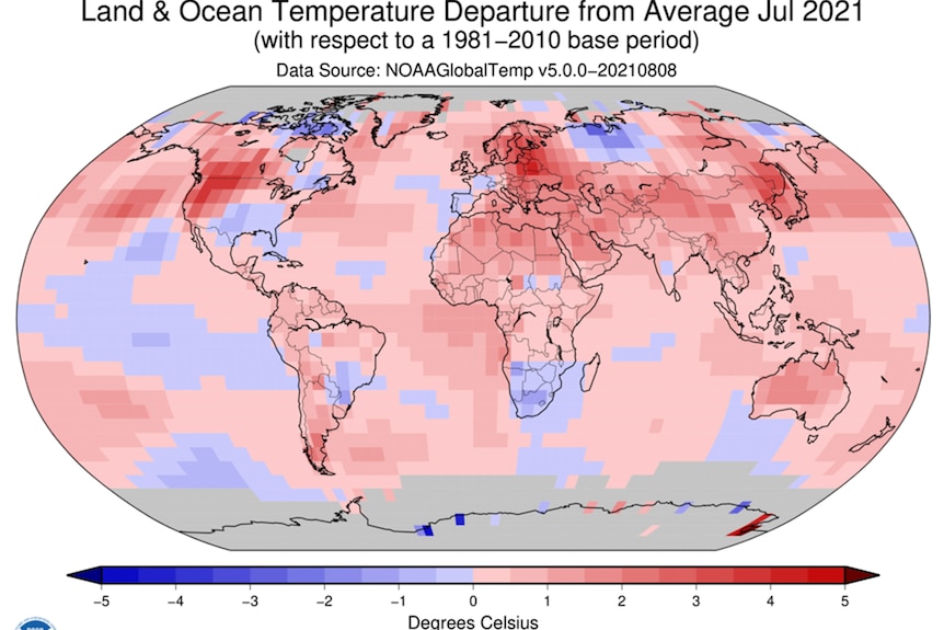 Серым цветом показаны отклонения температуры от средних значений в июле 2021 года по всему миру. 