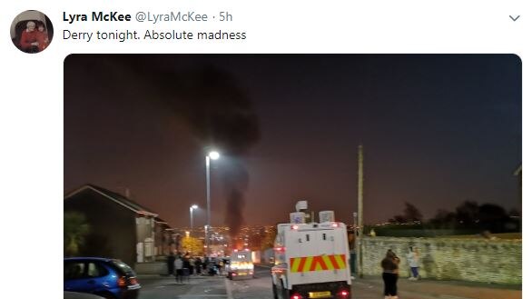 A screenshot of a tweet uploaded by Lyra McKee shortly before attending the scene of riots in Londonderry