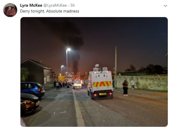 A screenshot of a tweet uploaded by Lyra McKee shortly before attending the scene of riots in Londonderry