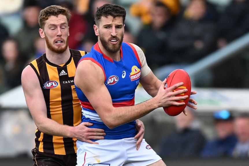 A Western Bulldogs AFL player holds the ball in front of a Hawthorn opponent.