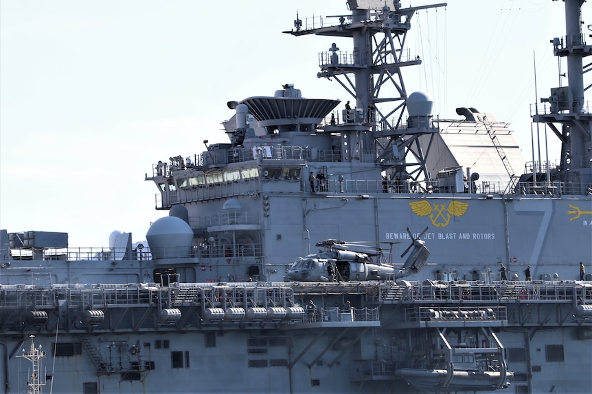 Close-up of a warship.