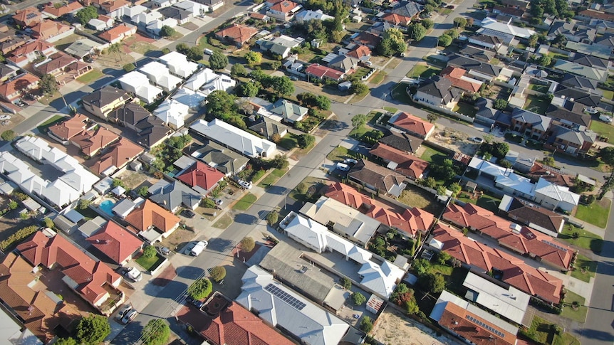 An aerial shot of a typical Australian suburban neighbourhood