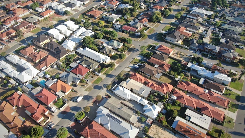 An aerial shot of a typical Australian suburban neighbourhood