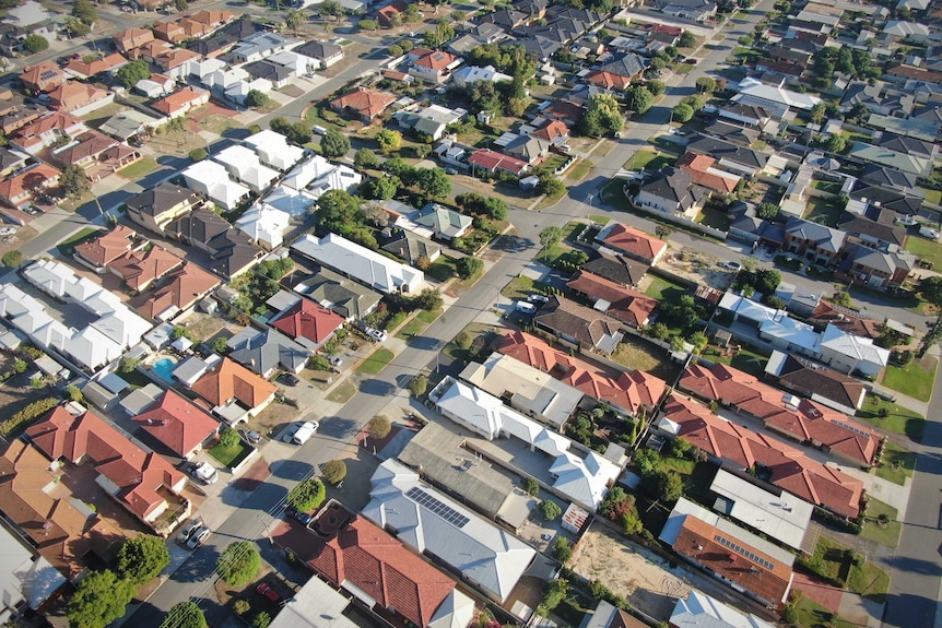 An aerial shot of a typical Australian suburban neighbourhood