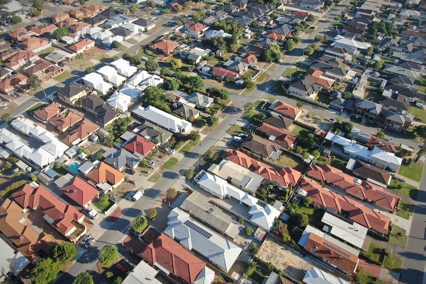 An aerial view of a typical Australian suburban neighborhood