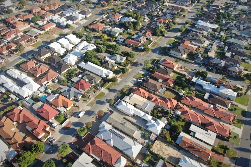 An aerial shot of a typical Australian suburban neighbourhood