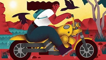 An illustration of a young woman on a motorcycle with a black crow flying behind her.