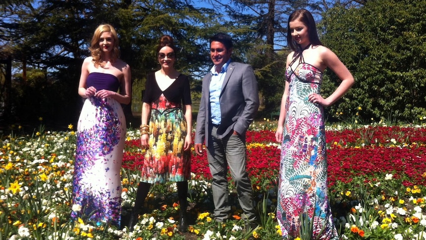 Floriade ambassador Leona Edmiston with garden designer Jamie Durie and two models at the launch of Floriade 2012.