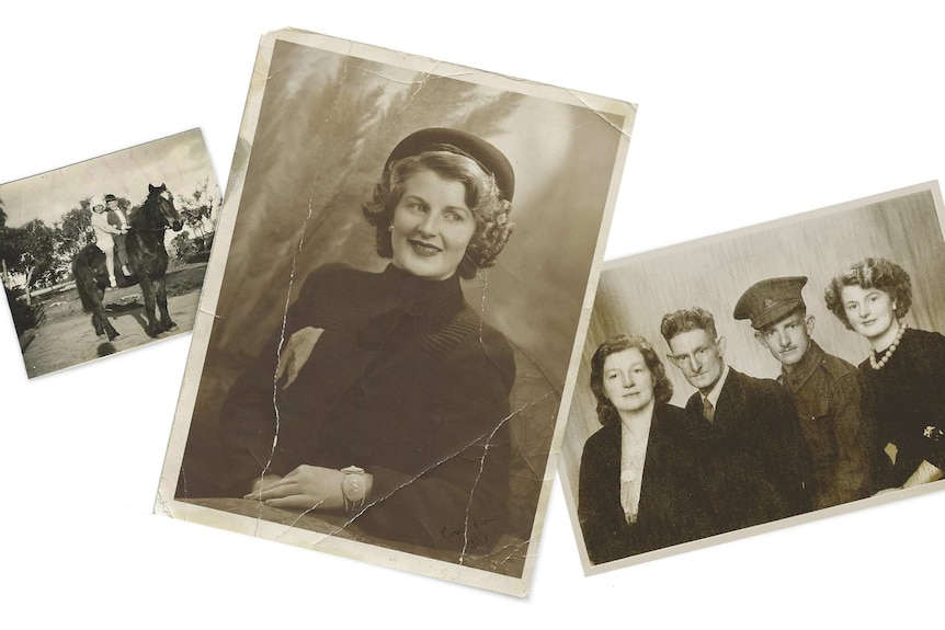 Patricia and her brother on a horse, Patricia as a young woman, and Patricia with her two brothers and her mother.