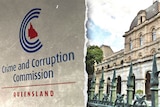 a composite image of the crime and corruption commission logo and queensland parliament