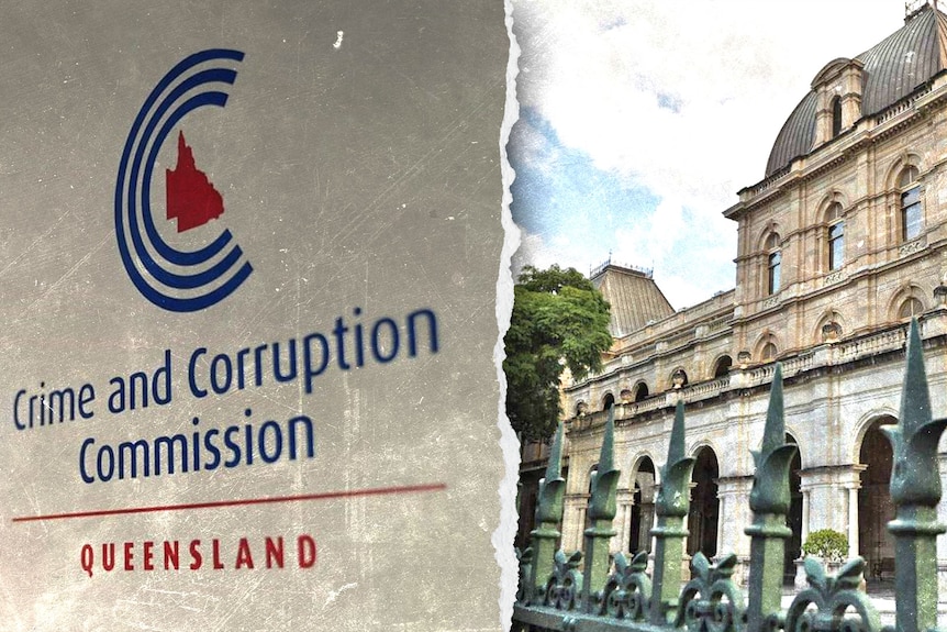 a composite image of the crime and corruption commission logo and queensland parliament