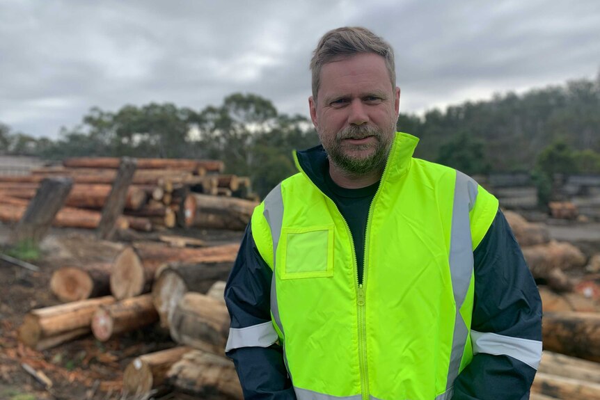 Matthew Torenius standing in front of logs.