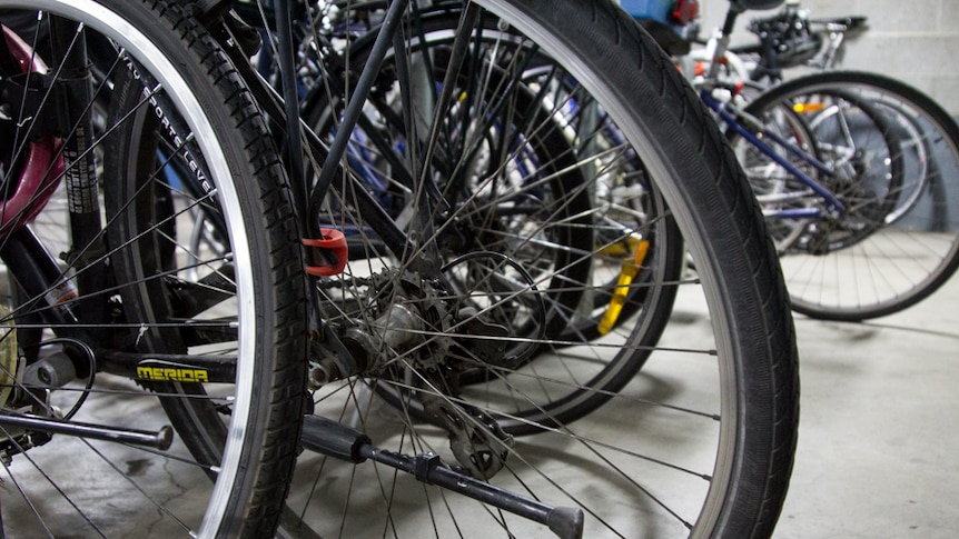 A number of bicycles parked in an indoor bike parking area.