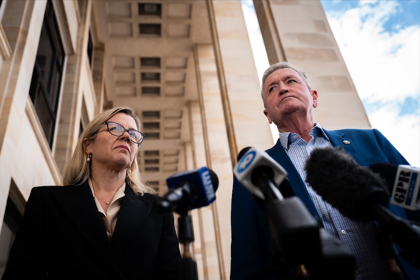 A smartly dressed man and woman stand in front of microphones, shot from low down.