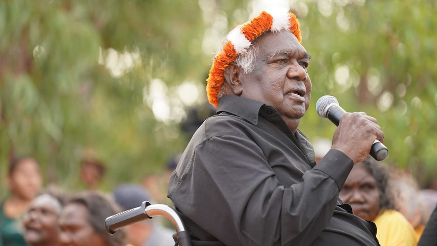 Sitting in a wheelchair, Dr Yunupingu speaks into a microphone against a stringybark backdrop.