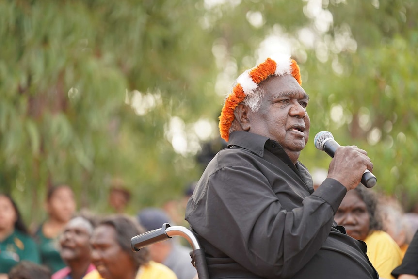 Sitting in a wheelchair, Dr Yunupingu speaks into a microphone against a stringybark backdrop.