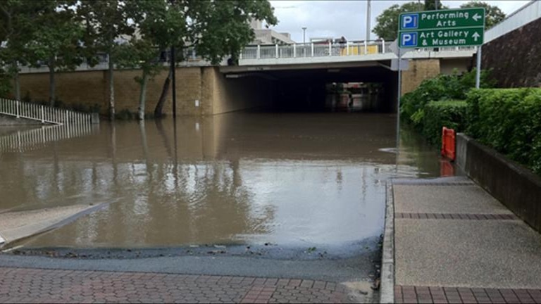 The Queensland Performing Arts Centre car park is submerged