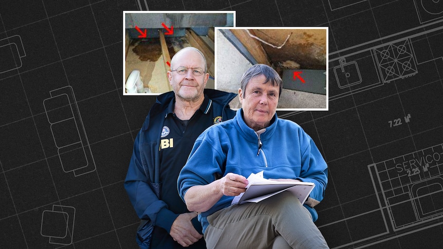 A composite image of Peter Genders and Janet with photos of building defects in the background.