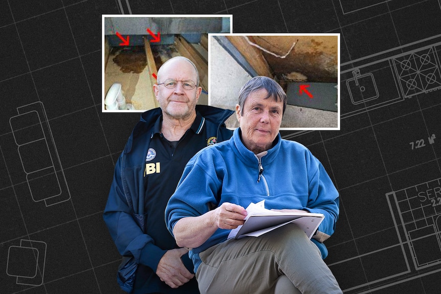 A composite image of Peter Genders and Janet with photos of building defects in the background.